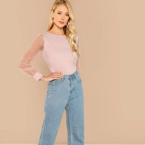 Pearl Beaded Mesh Sleeve Blouse